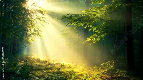 Sunlight Streams Through Forest Canopy Creating Magical Atmosphere.