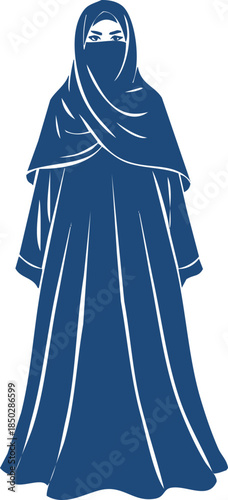 Silhouette of a Woman Wearing a Blue Niqab and Abaya on White Background Keywords: woman, niqab, abaya, hijab, muslim, islamic