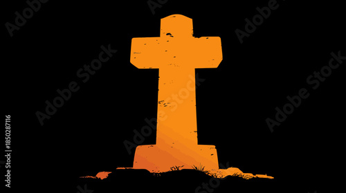 Spooky Orange Tombstone Silhouette on Black Background - Eerie Grave Marker for Halloween, Death, Remembrance, Burial