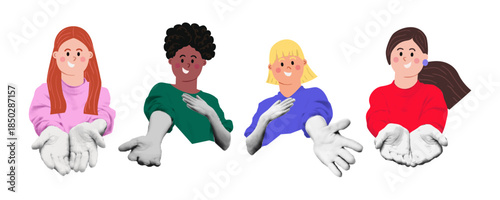 Give To Gain IWD 2026 concept, Diverse happy women with open palms giving gesture. Cut out halftone hands and doodle characters. International Women's day modern retro mixed media vector illustration 