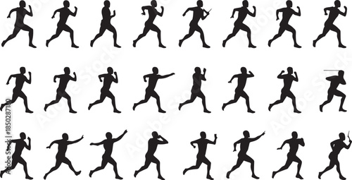 Collection of black silhouettes of a runner in various stages of motion on a white background running