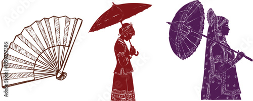 Vintage Illustration Of A Fan And Two Silhouetted Figures With Umbrellas open fan hand fan