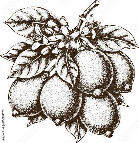 Vintage Sketch of a Lemon Branch with Ripe Fruits and Blossoms citrus leaves