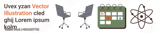 Office planning, scheduling, team organization, research, scientific studies, workplace tools. Two office chairs, a calendar with a marked date and an atomic symbol. Organization and scheduling
