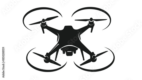 A sleek black drone with four rotors is shown in a minimalistic isolated illustration