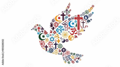 A Dove Composed of Religious Symbols Representing Peace and Unity Across Different Faiths