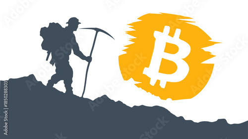 Miner silhouette climbing for cryptocurrency, digital gold concept, blockchain technology, financial innovation and future