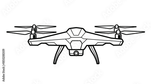 A detailed black and white line drawing of a modern quadcopter drone with visible propellers