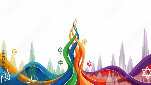 Abstract representation of religious and cultural diversity with colorful symbolic elements and flowing lines