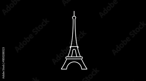 Minimalist white line art outline of an iconic tall iron architectural tower on a black background, simple vector illustration