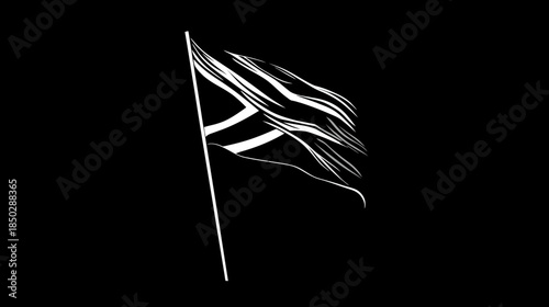 Dynamic stylized flag waving in the wind, a minimalist black and white abstract graphic design representing nation or country.