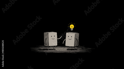 Abstract illustration of two geometric characters collaborating and generating a new idea, symbolizing teamwork, innovation, and creative problem-solving.
