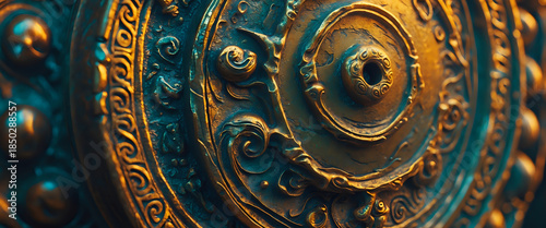 Ornate Circular Metal Decorative Pattern in Teal and Gold Patina