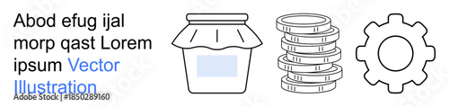Financial planning, savings management, business productivity, economic growth, entrepreneurship, resource management. A jar, stacked coins and a gear icon. Financial planning and savings management