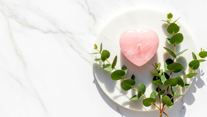 Valentine's Day scene in minimalist style with pink heart-shaped candle and eucalyptus on white plate against marble background with copy space.