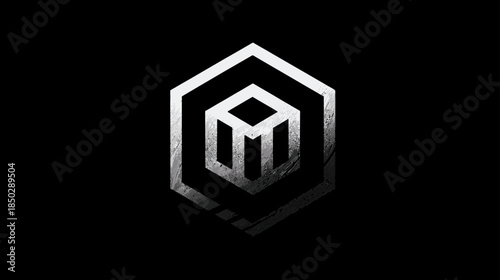 Grungy metallic hexagonal structure with an abstract inner cube symbol. Distressed dark industrial geometric graphic design.