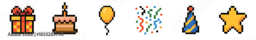 Pixel art party celebration icon set featuring a gift box, birthday cake, balloon, confetti, party hat, and star in a retro 8-bit video game style for a festive design