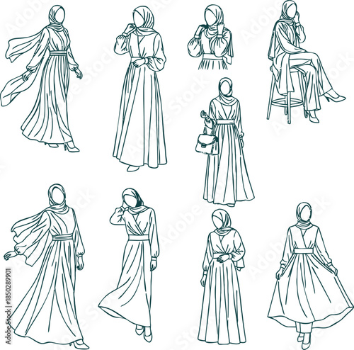 Collection of Elegant Muslim Women in Hijab Poses Line Art Illustration woman fashion