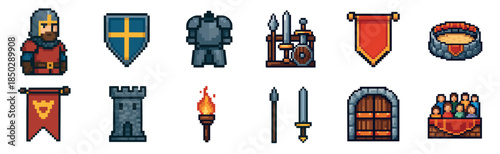 Collection of medieval fantasy pixel art icons featuring a knight, armor, shield, sword, castle, and other game assets for a retro video game design or user interface