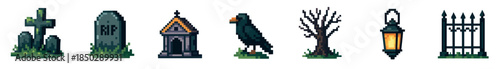Pixel art set of spooky graveyard elements featuring a tombstone, crypt, raven, bare tree, glowing lantern, and a gothic fence for a retro video game