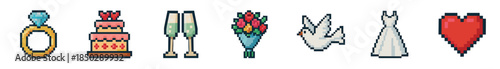 Set of pixel art wedding icons featuring a diamond ring, cake, champagne, bouquet, dove, dress, and heart in a retro 8-bit video game style for a romantic celebration