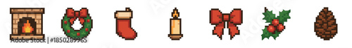Christmas holiday pixel art icon set with a cozy fireplace, festive wreath, stocking, candle, bow, holly, and pinecone in a nostalgic 8-bit retro video game aesthetic