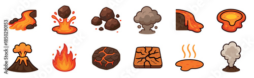 Set of cartoon volcano icons showing lava flow, magma splash, erupting mountain, smoke cloud, fire, and cracked earth elements in a flat illustrative style