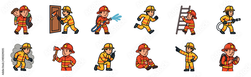 Fototapeta premium Collection of cartoon firefighter characters in various action poses, including rescuing a person, using a hose, and climbing a ladder, representing emergency services and heroism