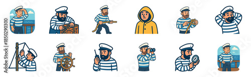 Set of cartoon sailor character illustrations showing various maritime activities like steering, navigation, and rope work in a charming, simple graphic style
