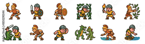 Set of cartoon ancient warrior characters in various action poses for a fantasy video game, including fighting monsters, holding torches, and exploring different environments