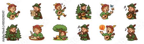 Collection of cute cartoon medieval bard characters playing the lute, singing songs, writing poetry, and walking through a fantasy forest in a charming hand-drawn illustration style