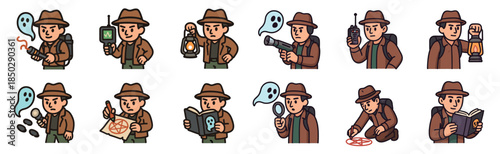 Cartoon ghost hunter character illustration set showing a paranormal investigator in various poses with equipment like a lantern, detector, and spell book for a supernatural adventure