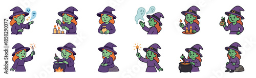 Collection of cute green-skinned witch character illustrations in various magical poses, brewing potions in a cauldron, casting spells with a wand, and holding candles for Halloween