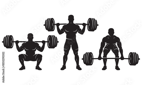 Bodybuilder Silhouettes Set: Squat, Deadlift, and Standing Barbell Press Exercises