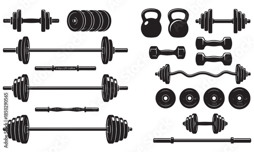 Fitness and Weightlifting Equipment Silhouette Collection featuring Barbells, Dumbbells, and Kettlebells