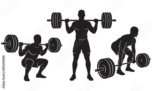 Weightlifting Silhouettes Set: Man Performing Squat, Deadlift, and Standing Barbell Exercises