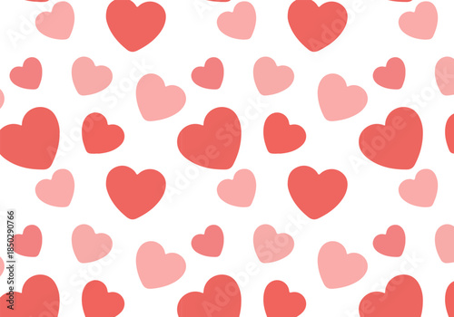Seamless repeating pattern featuring various shades of pink and red hearts scattered across a black background on white background