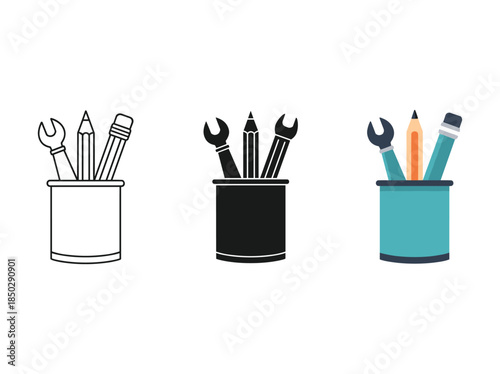 Office supplies in different colored pencil cups