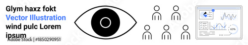 Vision, teamwork, data analysis, monitoring, business strategy, information visualization. Black outlined eye, group of people analytics dashboard with charts. Vision and teamwork concept