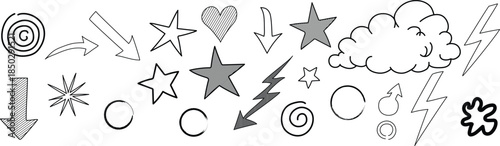 Collection of cartoonish doodles and comic effect symbols