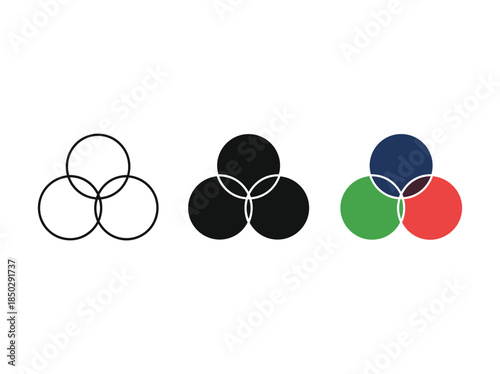 Three Venn diagrams with different colors