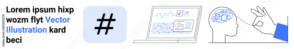 Obraz premium metadata tag, data on laptop screen, brain analysis, and hand pointing to ideas. Ideal for technology, innovation, analytics, research, AI insights digital marketing simple landing page