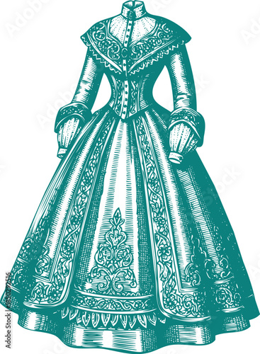Teal Victorian Gown Illustration With Ornate Lace and Buttoned Bodice vintage dress