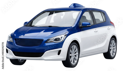 Compact vehicle featuring unique two-tone paint and a roof-mounted antenna.