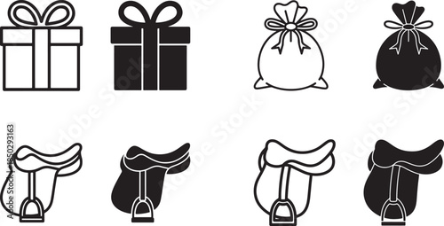 christmas icons with gifts and socks on white