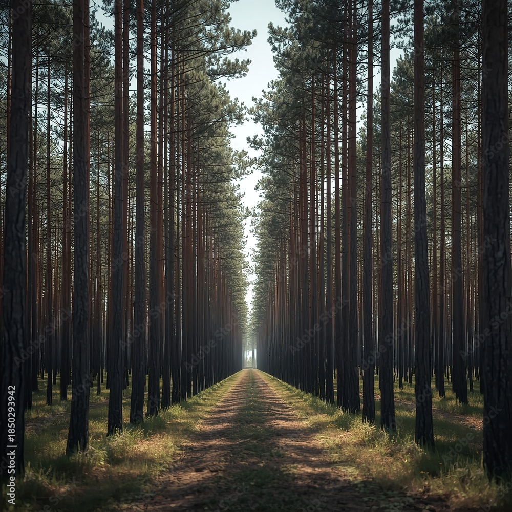 Fototapeta premium Serene Forest Pathway with Tall Pine Trees in Morning Light