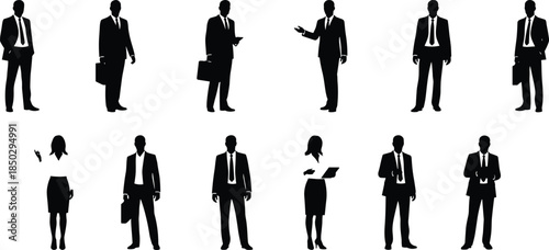 Business people silhouettes set featuring professional men and women in formal suits standing poses isolated on white background