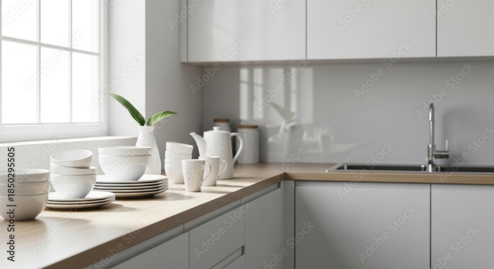 Fototapeta premium Clean and bright modern kitchen interior featuring white tableware set on a light wood countertop.