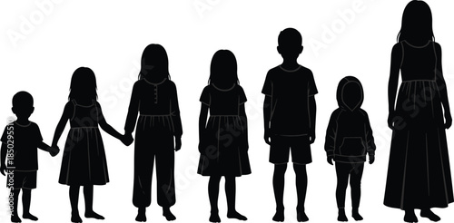 Children silhouettes family group showing boys and girls standing together in different ages isolated on white background