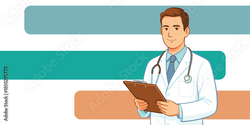 Vector illustration of doctor and clipboard in hand.